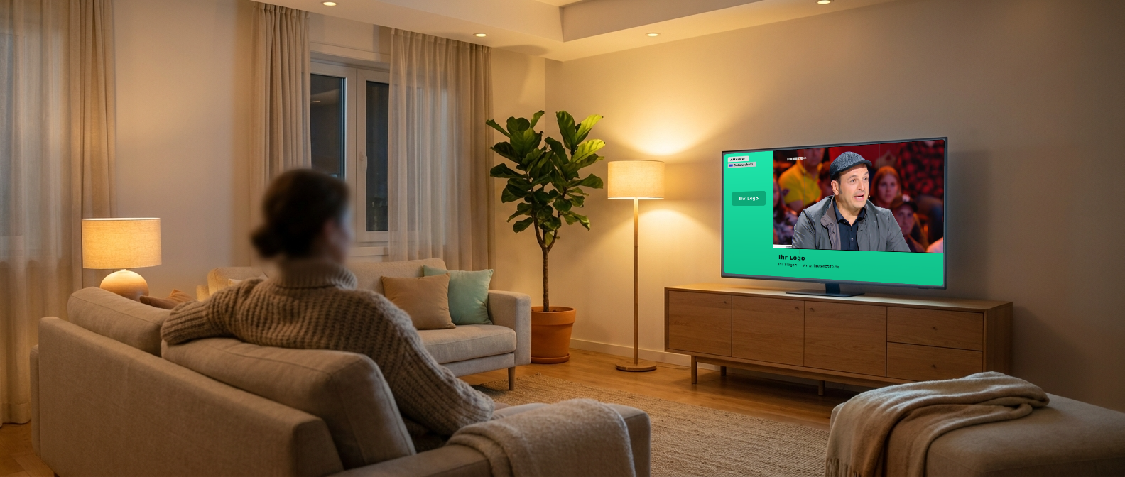 Wohnzimmer am Abend mit Fernseher, auf dem ein Switch-In-Banner läuft